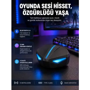 Tam Kablosuz Oyuncu Kulaklığı 5.0 Bluetooth LED Kontrollü Yeni Nesil