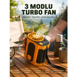 Taşınabilir USB Şarjlı Turbo Fan – 3 Modlu Soğutma, Hafif & Kompakt