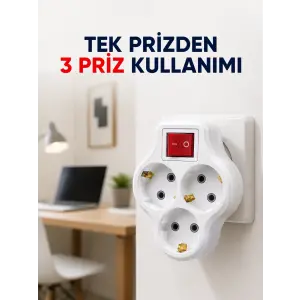 Tek Prizi 3’lü Yapan Anahtarlı Priz Adaptörü Topraklı Priz Çoğaltıcı