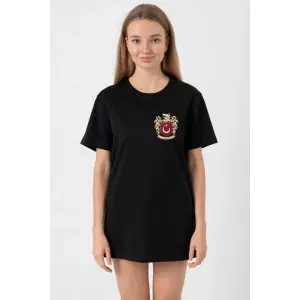 Türk Arma Baskılı Oversize Bisiklet Yaka Günlük T-shirt - Siyah