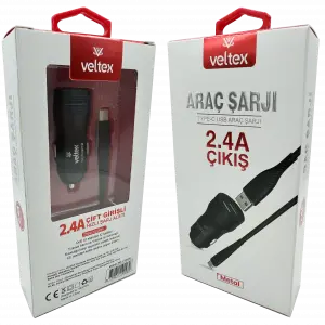 TYPE-C Metal Araç Şarj Seti + Kablo Veltex Vtx-028