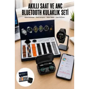 Ucuz Kaliteli Yeni Nesil 7 Kordonlu Akıllı Saat ve Kablosuz Bluetooth Kulaklık ANC Özelliği