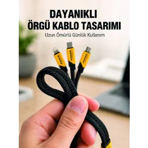 USB 3ü 1 Arada Şarj Kablosu 240W PD Destekli Çoklu Şarj Kablosu