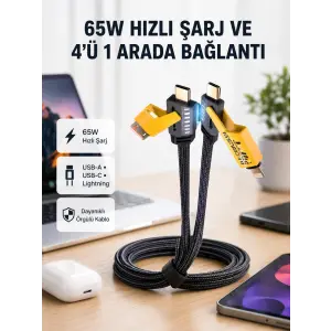 USB-C USB-A 4’ü 1 Arada Örgülü Kablo 65W Hızlı Şarj Metal Uç Dayanıklı