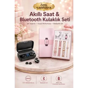 Wireless Şarjlı Pembe Akıllı Saat ve Kablosuz Bluetooth Kulaklık Dokunmatik Kontrol