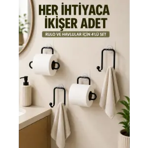 Yapışkanlı Banyo Düzenleme Seti 2 Rulo Tutucu 2 Havlu Askılığı 4 Parça