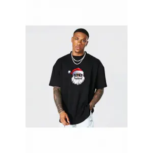 Yılbaşı Gözlüklü Noel Baba Baskılı Kısa Kollu Oversize Bisiklet Yaka T-shirt - Siyah