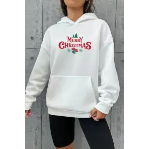 Yılbaşı Merry Christmas Baskılı Oversize Kapüşonlu Sweatshirt Hoodie - Beyaz