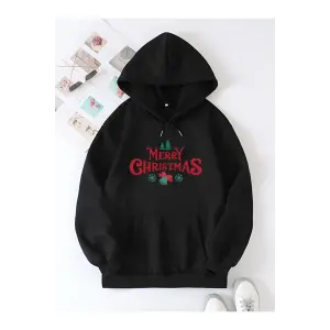 Yılbaşı Merry Christmas Baskılı Oversize Kapüşonlu Sweatshirt Hoodie - Siyah