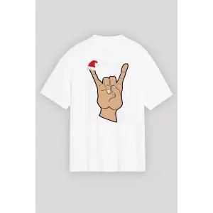 Yılbaşı Noel Başlıklı Serçe Parmak Baskılı Oversize Bisiklet Yaka T-shirt - Beyaz