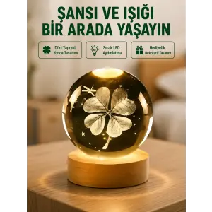 Yonca Figürlü Cam Küre USB Işıklı Ahşap Tabanlı Dekoratif Masa Lambası