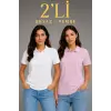 2li Kadın Polo Yaka Pike Kumaş Düğmeli Basic Tişört Günlük Rahat Kesim - Beyaz, Pembe