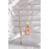 316L Çelik Gold Renk Pembe Mineli Güneş Model Tarot Kolye 5886