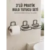 3’lü Yapışkanlı Tuvalet Kağıdı Tutucu Seti Siyah Duvar Tipi Rulo Kağıtlık