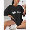 Kadın Baskılı T-Shirt Kısa Kol Bisiklet Yaka Oversize Rahat Kalıp Tişört - Siyah