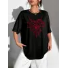 Kadın Örümcek Ağ Baskılı T-Shirt Kısa Kol Bisiklet Yaka Oversize Tişört - Siyah