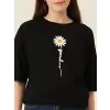 Kadın Papatya Baskılı T-Shirt Kısa Kol Bisiklet Yaka Oversize  Tişört - Siyah