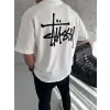 Erkek Tişört Bisiklet Yaka Baskılı Oversize Kısa kol T-Shirt - Beyaz