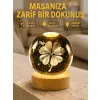 Bitki Temalı LED Işıklı Cam Küre Ahşap Standlı Modern Gece Lambası
