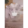 Brode İşlemeli Kalp Desenli 3lü Hırkalı Kız Bebek Takım