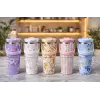 Çiçek Desenli 900 ml Taşıma Kulplu Paslanmaz Çelik Termos Mug Bardak