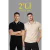 Erkek Triko Tişört Fermuarlı Polo Yakal Yazlık Kısa Kol T-Shirt 2’li Set Bej-Siyah