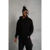Erkek 3 İplik Pamuklu Kapüşonlu Cepli Düz Oversize Hoodie Sweatshirt - Siyah