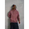 Erkek 3 İplik Pamuklu Kapüşonlu Baskılı Cepli Sweatshirt Hoodie - Gül Kurusu