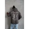 Erkek 3 İplik Pamuklu Kapüşonlu Baskılı Cepli Oversize Sweatshirt Hoodie - Gri