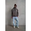Erkek 3 İplik Pamuklu Kapüşonlu Baskılı Cepli Oversize Sweatshirt Hoodie - Gri
