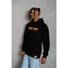 Erkek 3 İplik Pamuklu Kapüşonlu Baskılı Cepli Oversize Sweatshirt Hoodie - Siyah