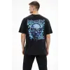 Erkek Asit Yıkamalı Oversize Tişört Bisiklet Yaka Kısa Kol T-shirt - Siyah