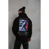 Erkek 3 İplik Pamuklu Kapüşonlu Baskılı Cepli Oversize Sweatshirt Hoodie - Siyah