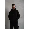Erkek 3 İplik Pamuklu Kapüşonlu Baskılı Cepli Oversize Sweatshirt Hoodie - Siyah
