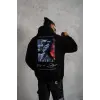 Erkek 3 İplik Pamuklu Kapüşonlu Baskılı Cepli Oversize Sweatshirt Hoodie - Siyah