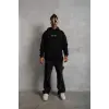 Erkek 3 İplik Pamuklu Kapüşonlu Baskılı Cepli Oversize Sweatshirt Hoodie - Siyah