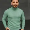 Erkek Tam Boğazlı Balıkçı Yaka Triko Kazak Kalın Fitilli - Mint Yeşili