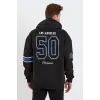 Erkek 3 İplik Pamuklu Kapüşonlu Baskılı Cepli Oversize Sweatshirt Hoodie - Siyah