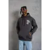 Erkek 3 İplik Pamuklu Kapüşonlu Baskılı Cepli Oversize Sweatshirt Hoodie - Füme