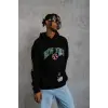 Erkek 3 İplik Pamuklu Kapüşonlu Baskılı Cepli Oversize Sweatshirt Hoodie - Siyah