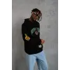 Erkek 3 İplik Pamuklu Kapüşonlu Baskılı Cepli Oversize Sweatshirt Hoodie - Siyah