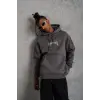 Erkek 3 İplik Pamuklu Kapüşonlu Baskılı Cepli Oversize Sweatshirt Hoodie - Gri