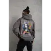 Erkek 3 İplik Pamuklu Kapüşonlu Baskılı Cepli Oversize Sweatshirt Hoodie - Gri