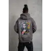 Erkek 3 İplik Pamuklu Kapüşonlu Baskılı Cepli Oversize Sweatshirt Hoodie - Gri