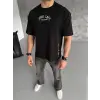 Erkek Kısa Kol Tişört Bisiklet Yaka Filistin Poşulu Baskılı T-Shirt - Siyah