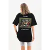 Kadın Kısa Kol Yazlık Tişört Bisiklet Yaka Baskılı Oversize T-Shirt - Siyah