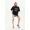 Kadın Kısa Kol Yazlık Tişört Bisiklet Yaka Baskılı Oversize T-Shirt - Siyah