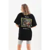 Kadın Kısa Kol Yazlık Tişört Bisiklet Yaka Baskılı Oversize T-Shirt - Siyah