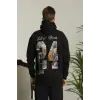 Erkek 3 İplik Pamuklu Kapüşonlu Baskılı Cepli Oversize Sweatshirt Hoodie - Siyah