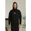 Erkek 3 İplik Pamuklu Kapüşonlu Baskılı Cepli Oversize Sweatshirt Hoodie - Siyah